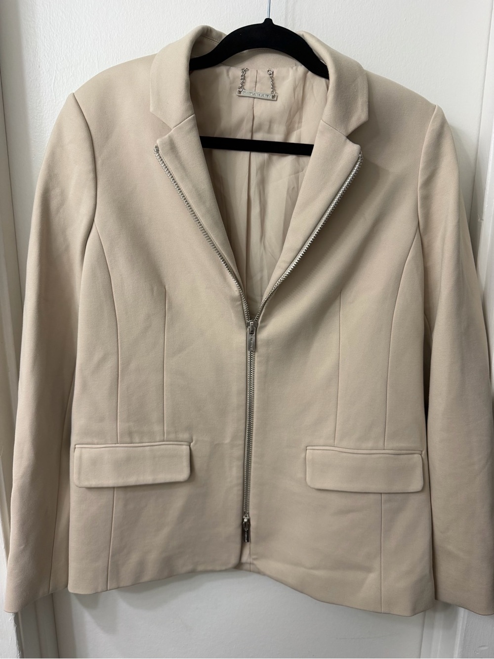 T Tahari Beige Zip-Front Tailored Blazer